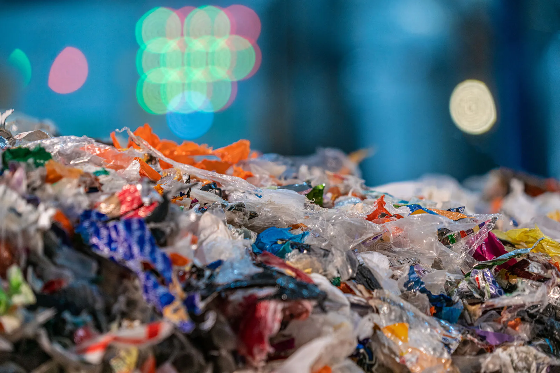 Close up of a bale of residual plastic waste ready to be recycled by the RT Beta plant
